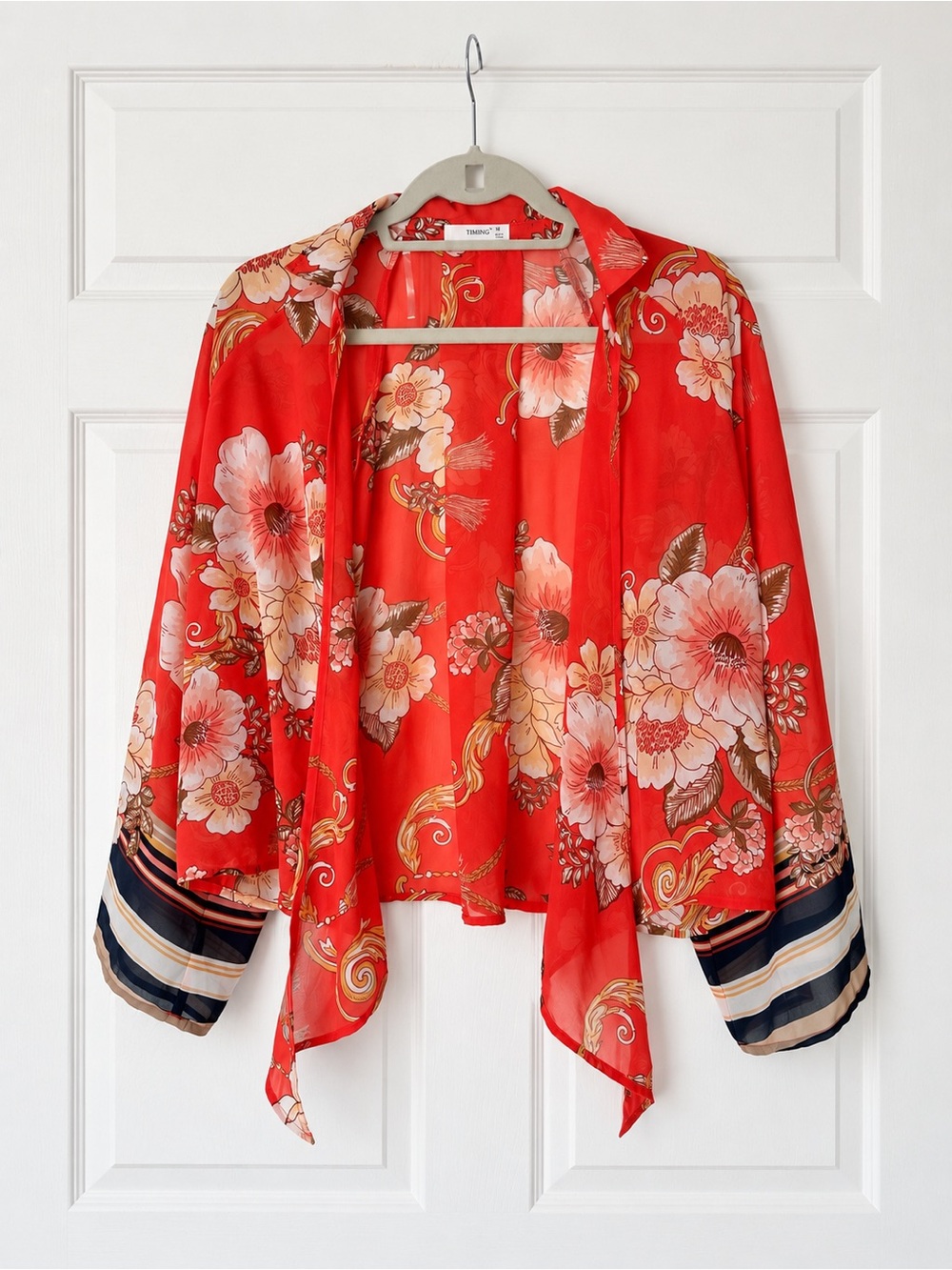 TIMING Floral Scarf Print Kimono Blouse Size M Red Sheer Boho Statement Top